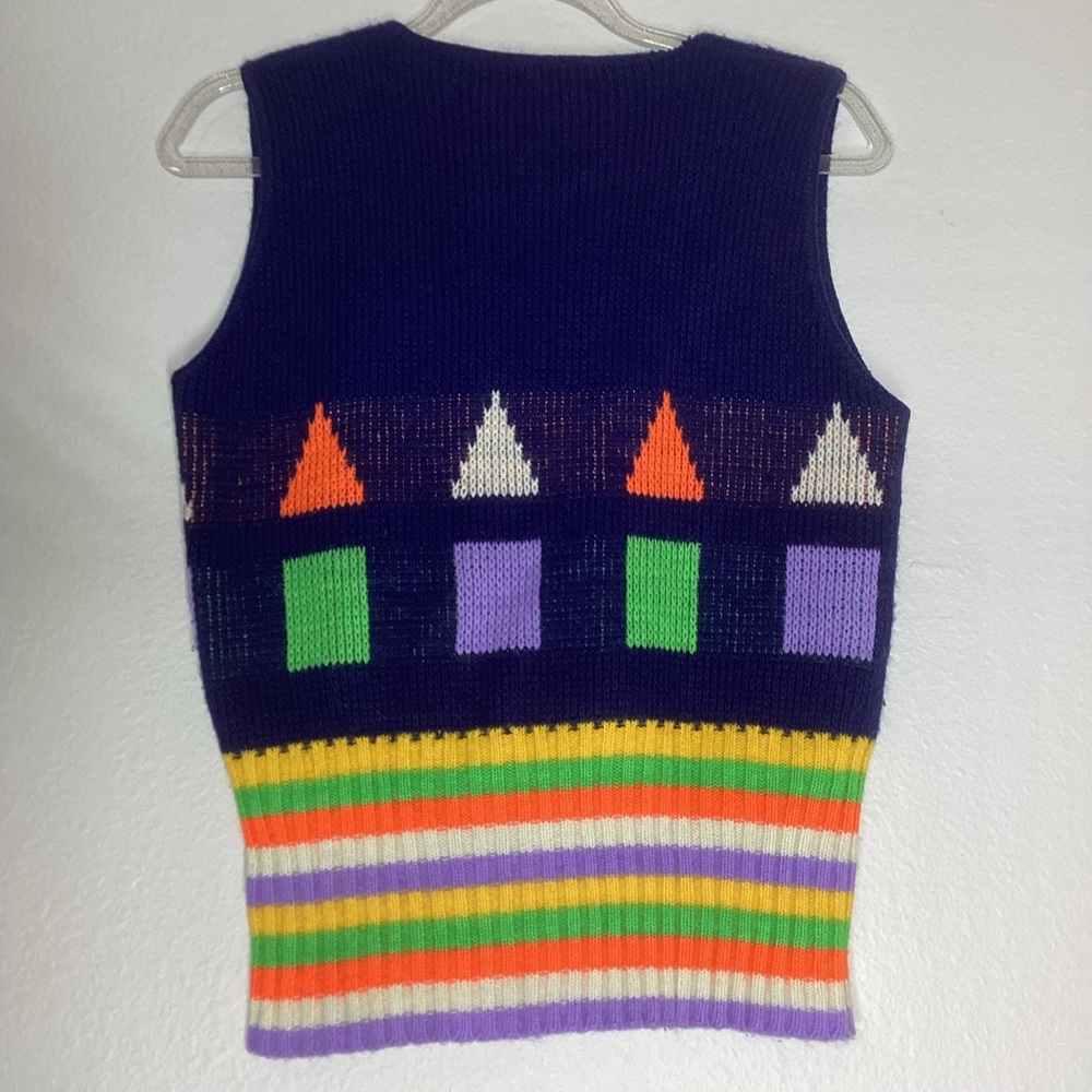 Vintage Square Neck Sweater Vest Stripes Geometric Acrylic Sm - Picture 2 of 6